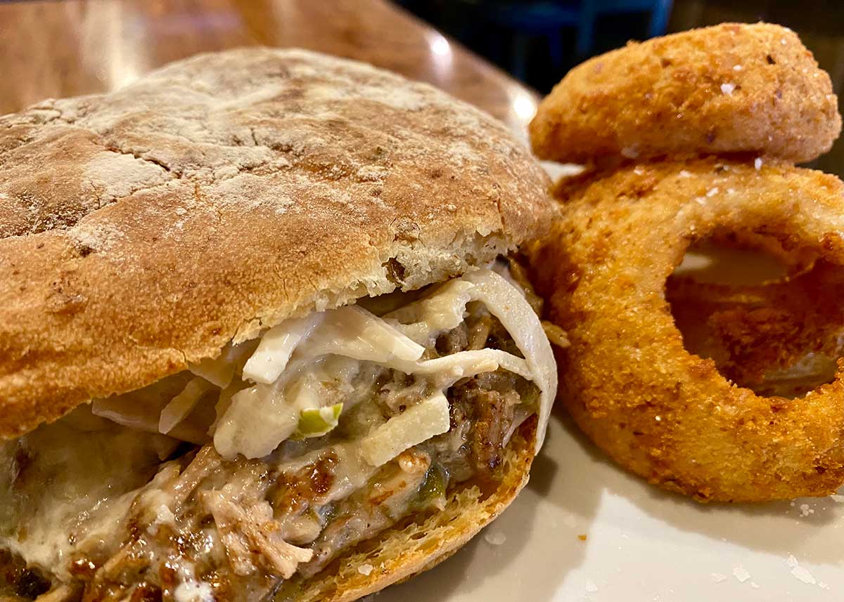 Pulled pork sandwich and onion rings at Dr. Field Goods in Santa Fe, New Mexico