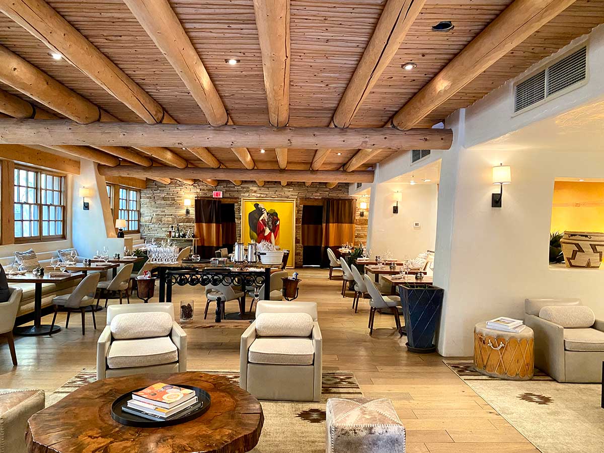 Lounge area at Inn of the Anasazi in Santa Fe, New Mexico.