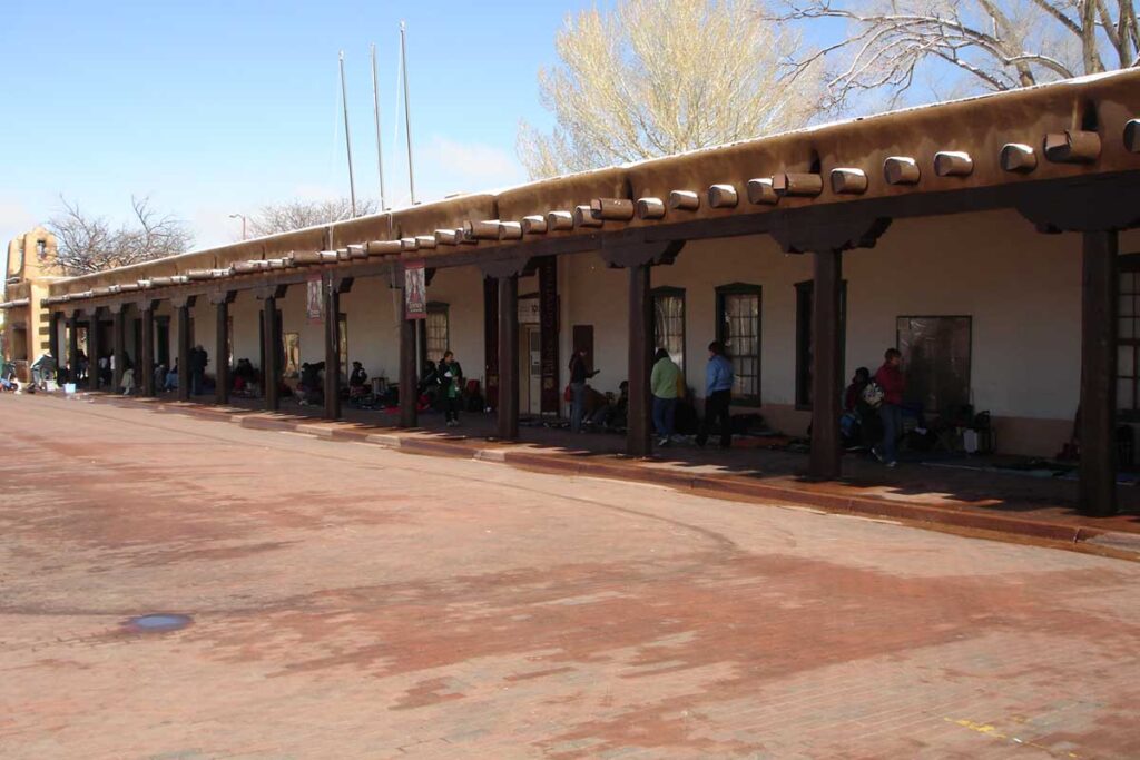 Exterior of Palace of the Governors on the Santa Fe Plaza. Artisans from local tribes are able to offer their work for sale here as they have for generations.