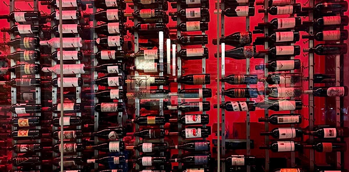 Wine bottles in racks at Red Sage.