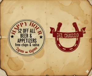Del Charro Happy Hour flyer 2025